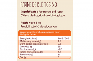 ingrédients et valeurs nutritionnelles farine st65 bio mon fournil